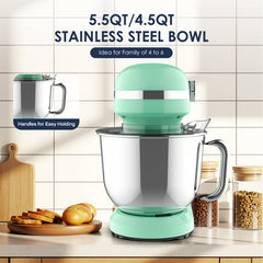 Electric Stand Mixer with Dual Stainless Steel Bowls, 12 Speeds - Green