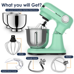 Electric Stand Mixer with Dual Stainless Steel Bowls, 12 Speeds - Green