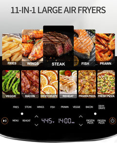 Extra Large Air Fryer,11-IN-1 6 QT 450F Air Fryer with Superior Airflow, Dual Heat Source Technology, Smart Digital Wide Fryer with PFAS Free Basket, Fits a 12" Pizza or 33 Chicken Wings
