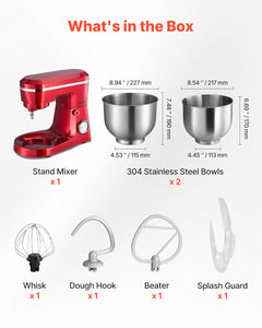 VEVOR Stand Mixer, 4.4 QT+6 QT Electric Kitchen Mixer, 300W Dough-Mixer, 10 Speeds Tilt-head Food-Mixer with Stainless Steel Bowls, Dough Hook, Whisk, Beater, for Baking, Mixing, Whipping & Kneading
