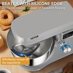 VEVOR Stand Mixer, 660W Electric Dough Mixer with 6 Speeds LCD Screen Timing, Tilt-Head Food Mixer with 7.4 Qt Stainless Steel Bowl, Dough Hook, Flat Beater, Whisk, Scraper, Splash-Proof Cover - Gray