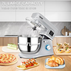 VEVOR Stand Mixer, 660W Electric Dough Mixer with 6 Speeds LCD Screen Timing, Tilt-Head Food Mixer with 7.4 Qt Stainless Steel Bowl, Dough Hook, Flat Beater, Whisk, Scraper, Splash-Proof Cover - Gray